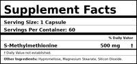 Supplement facts panel: 500 mg S-methylmethionine per capsule, 60 capsules